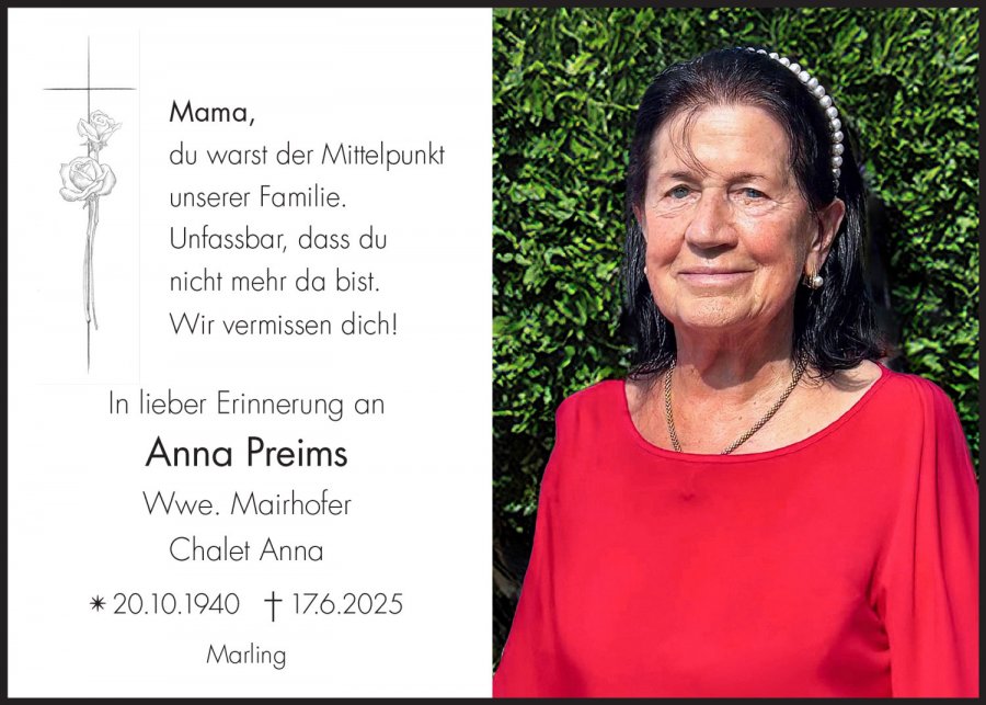 Sterbebild: Anna Wwe. Mairhofer Preims