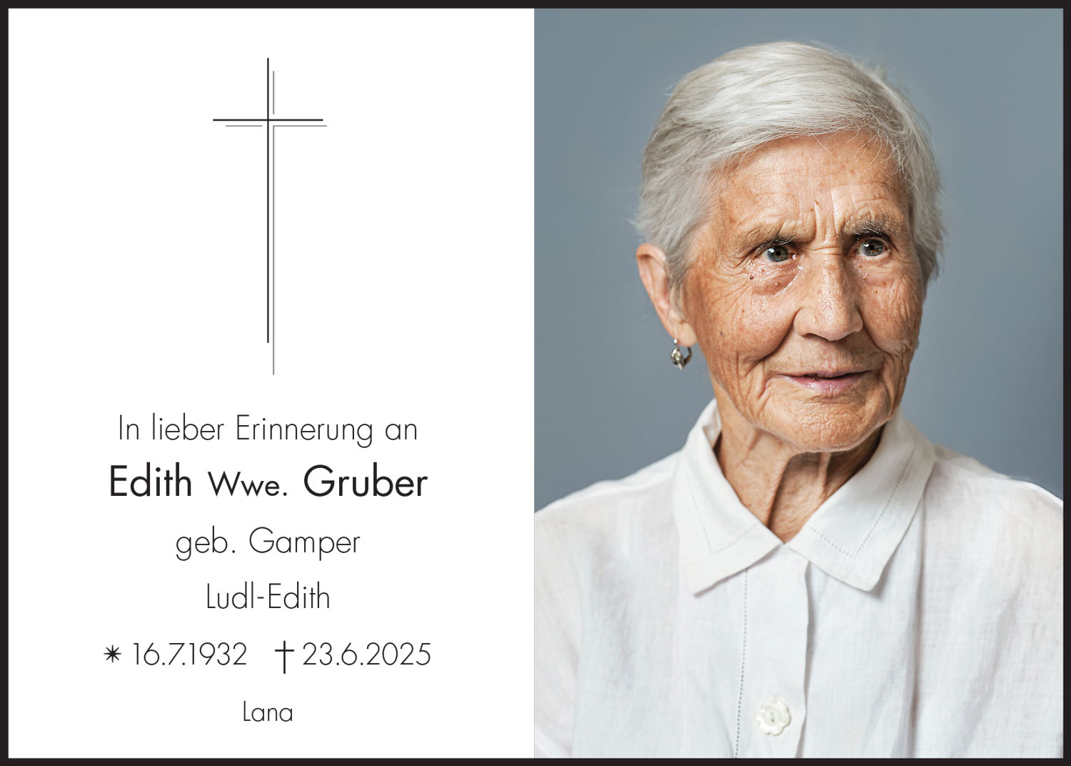 Sterbebild: Edith Wwe. Gruber geb. Gamper