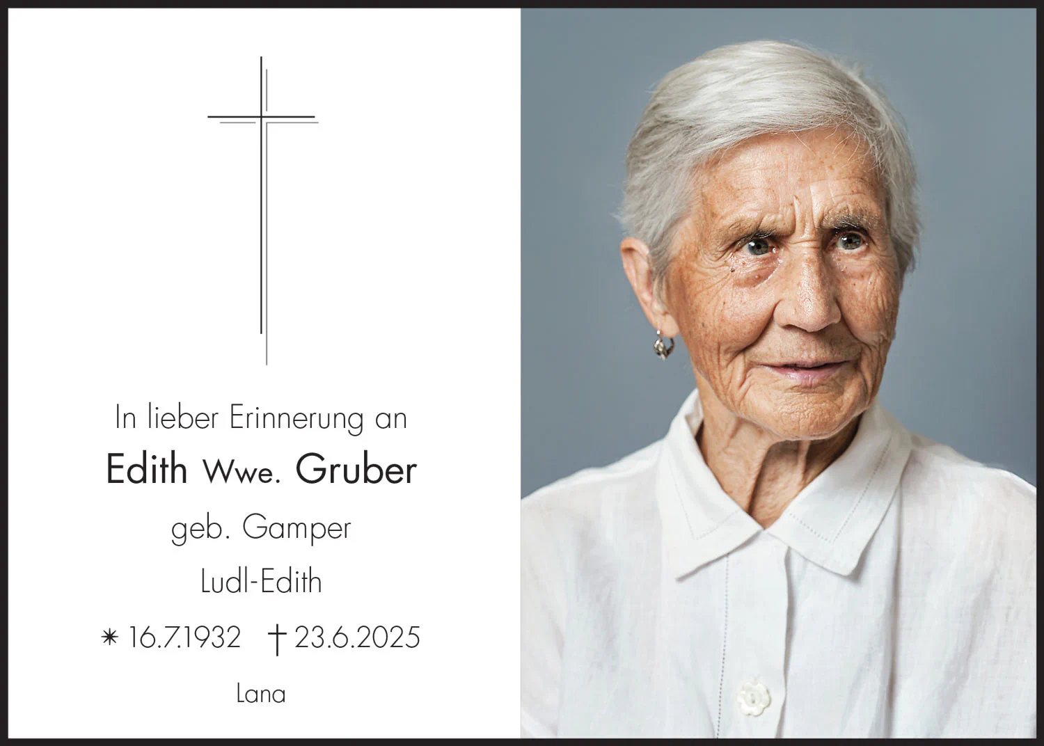 Sterbebild: Edith Wwe. Gruber geb. Gamper
