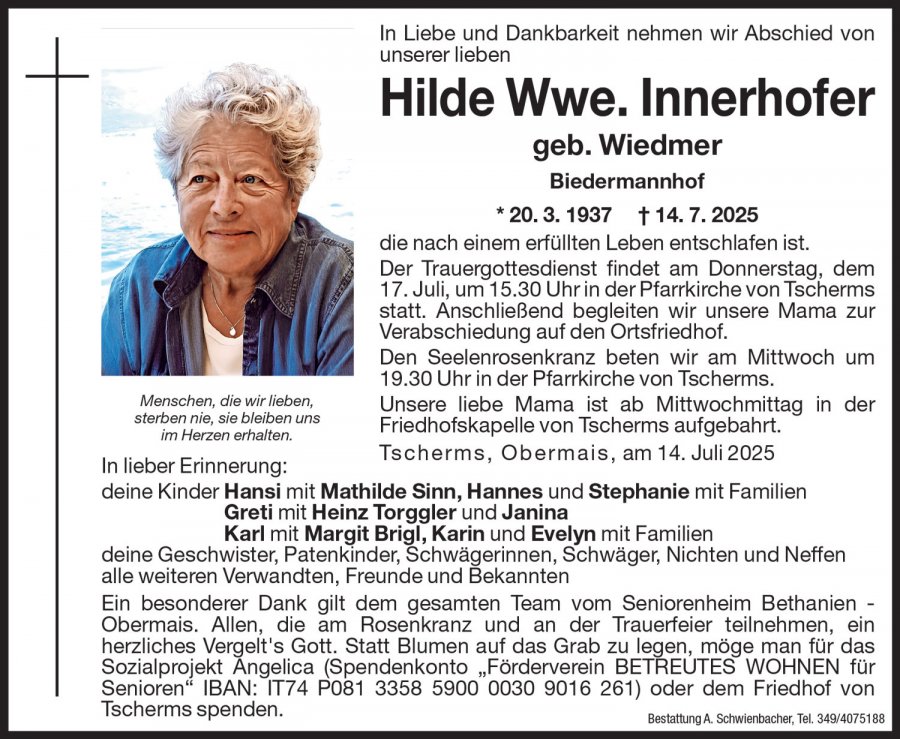 Medien: Hilde Wwe. Innerhofer geb. Wiedmer