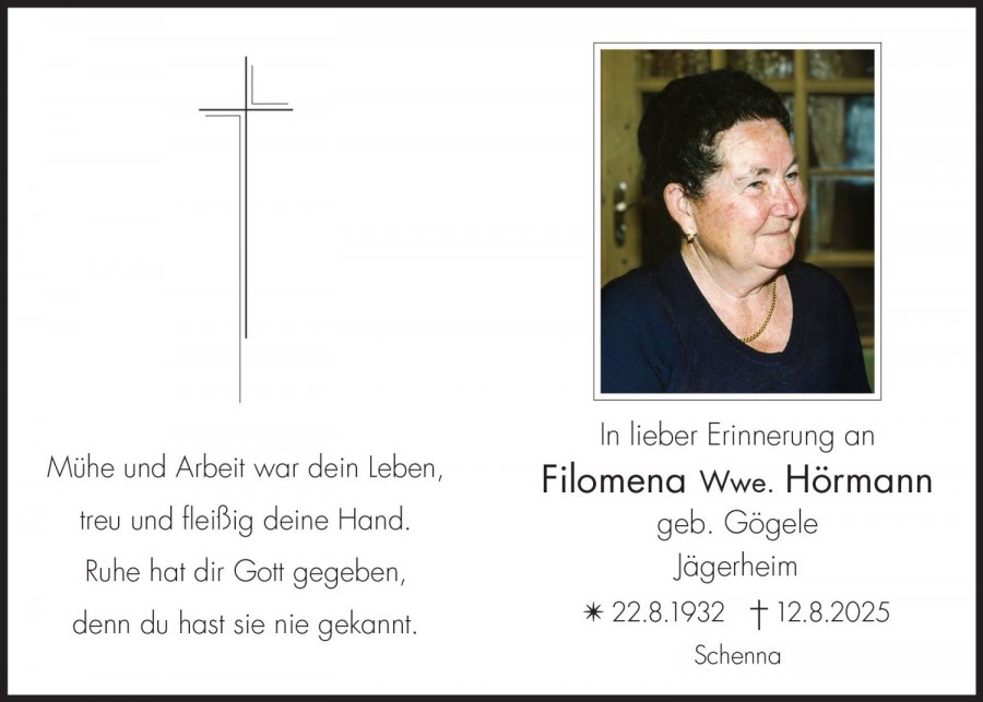 Sterbebild: Filomena Wwe. Hörmann geb. Gögele