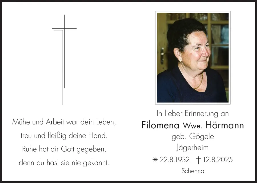 Sterbebild: Filomena Wwe. Hörmann geb. Gögele