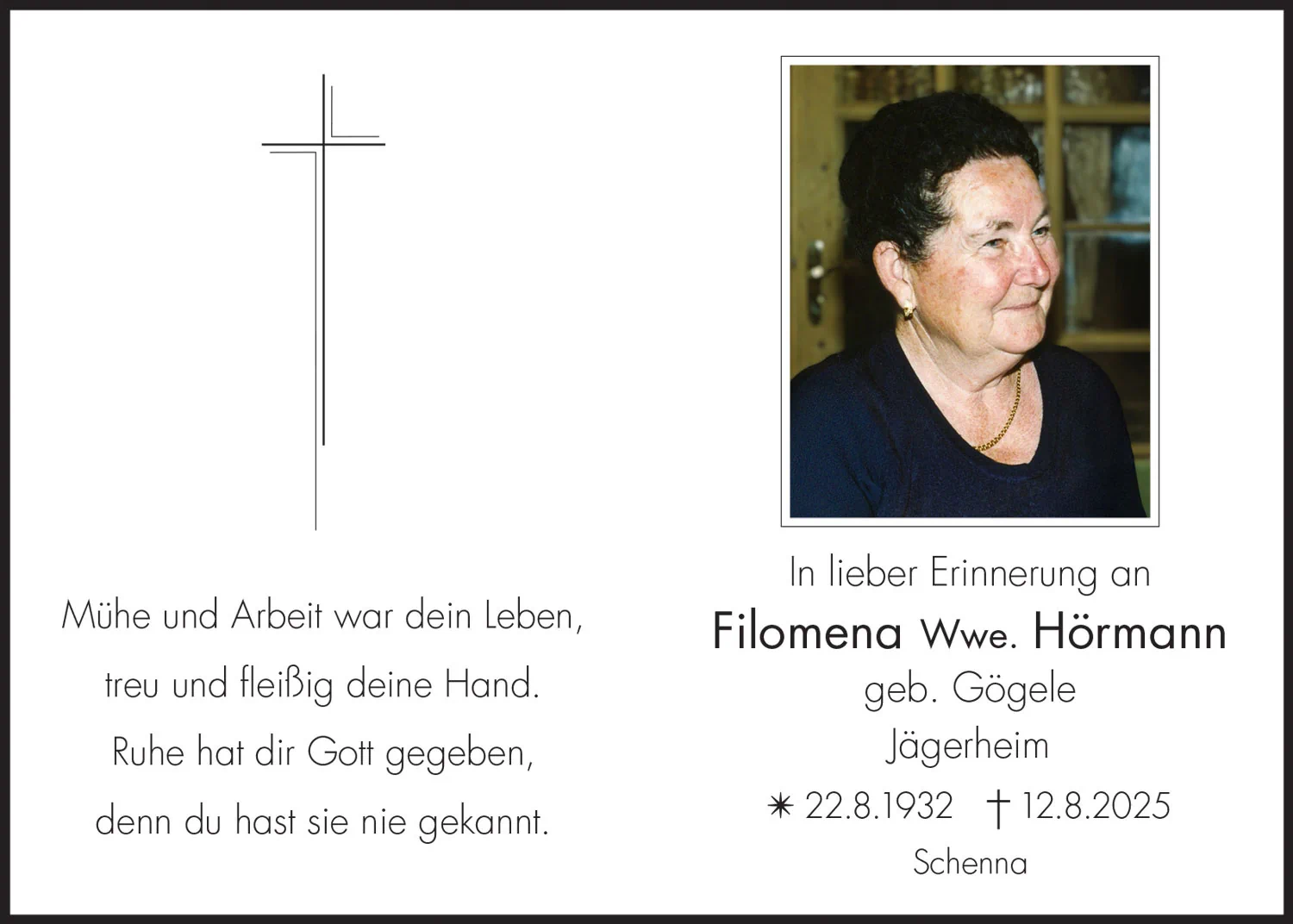 Sterbebild: Filomena Wwe. Hörmann geb. Gögele