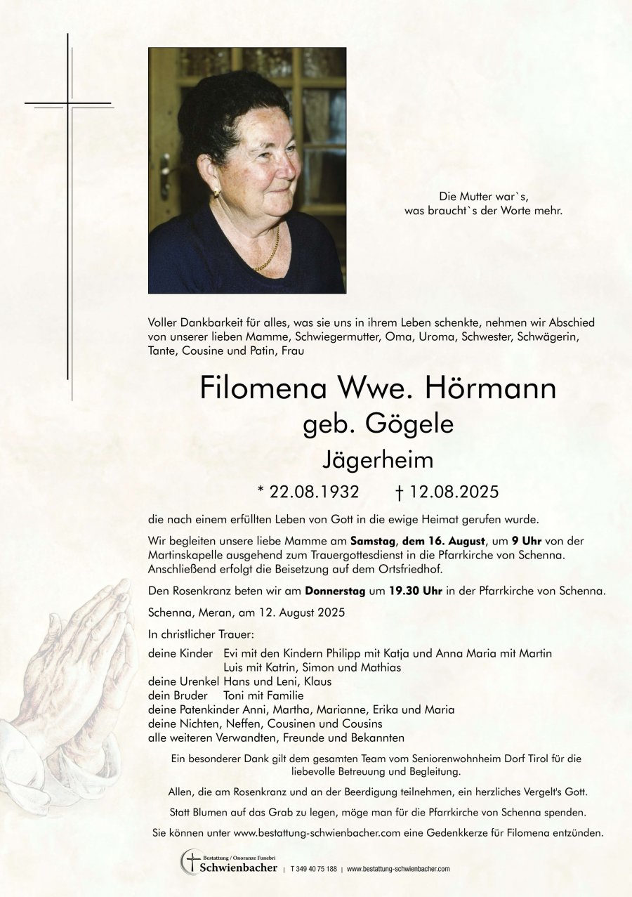 Parte: Filomena Wwe. Hörmann geb. Gögele