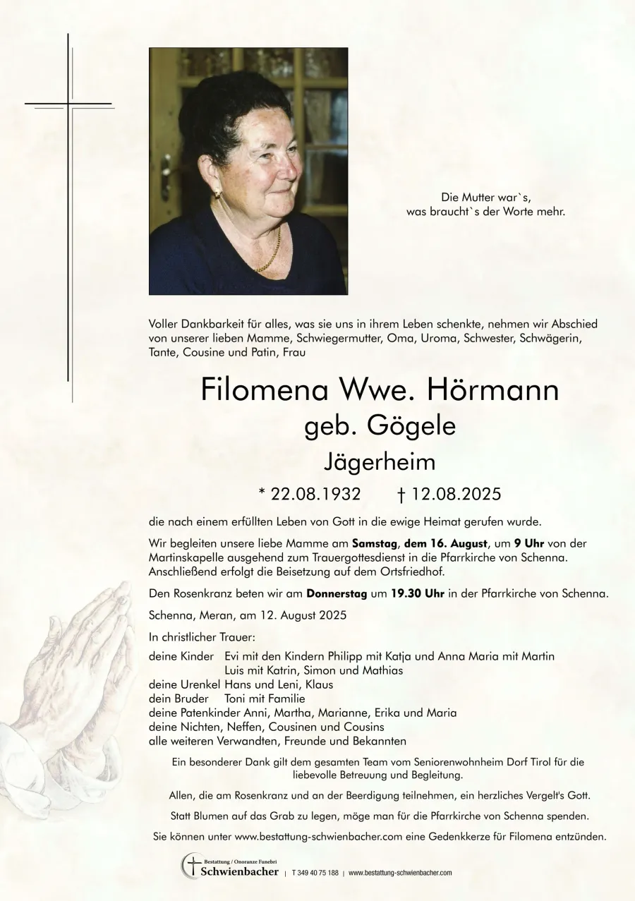 Parte: Filomena Wwe. Hörmann geb. Gögele