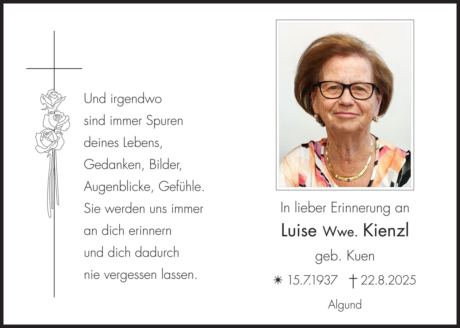 Sterbebild: Luise Wwe. Kienzl geb. Kuen