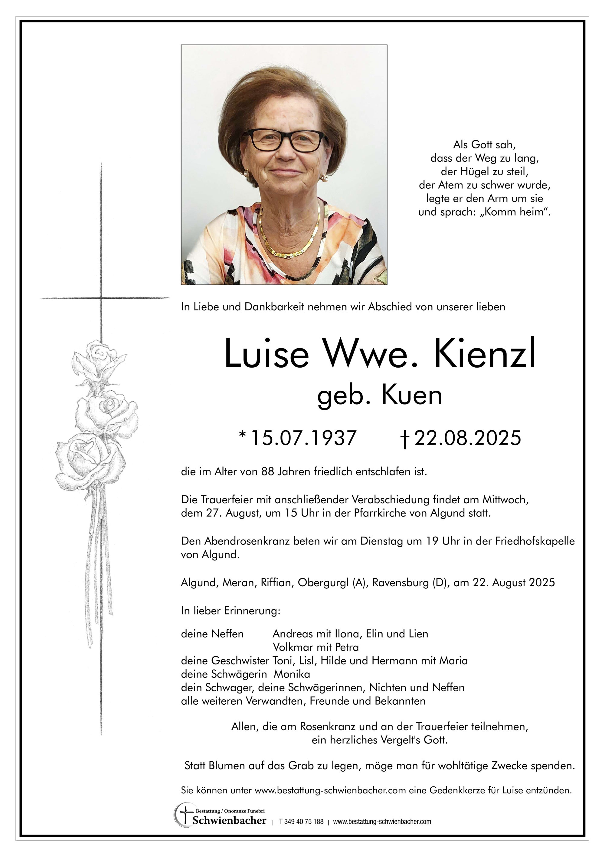 Parte: Luise Wwe. Kienzl geb. Kuen 