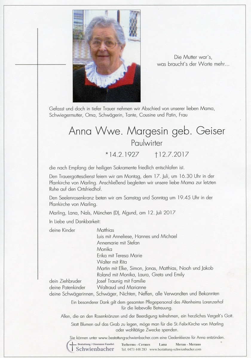 Parte: Anna Wwe. Margesin geb. Geiser 