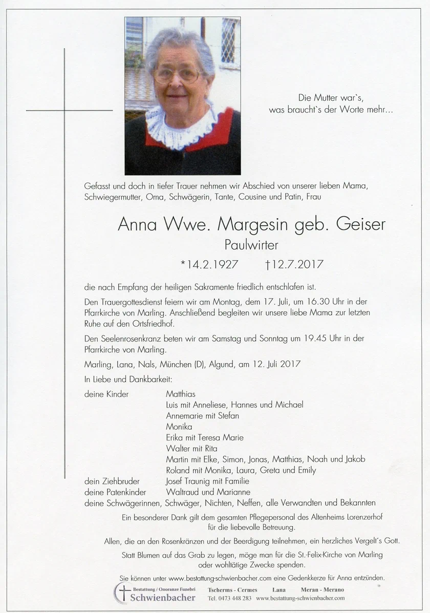 Parte: Anna Wwe. Margesin geb. Geiser 