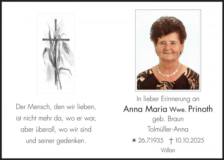 Sterbebild: Anna Maria Wwe. Prinoth geb. Braun