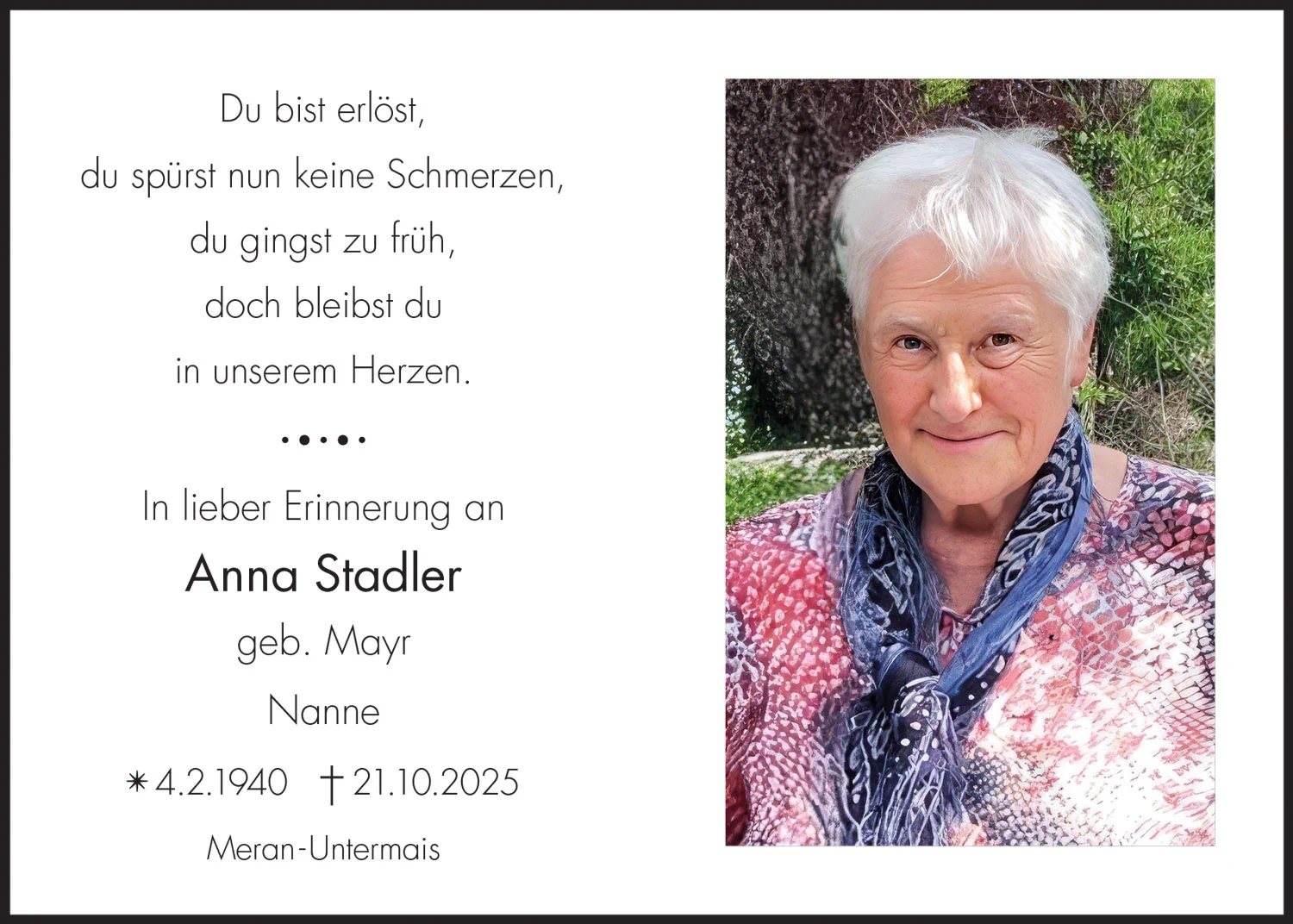Sterbebild: Anna Stadler geb. Mayr