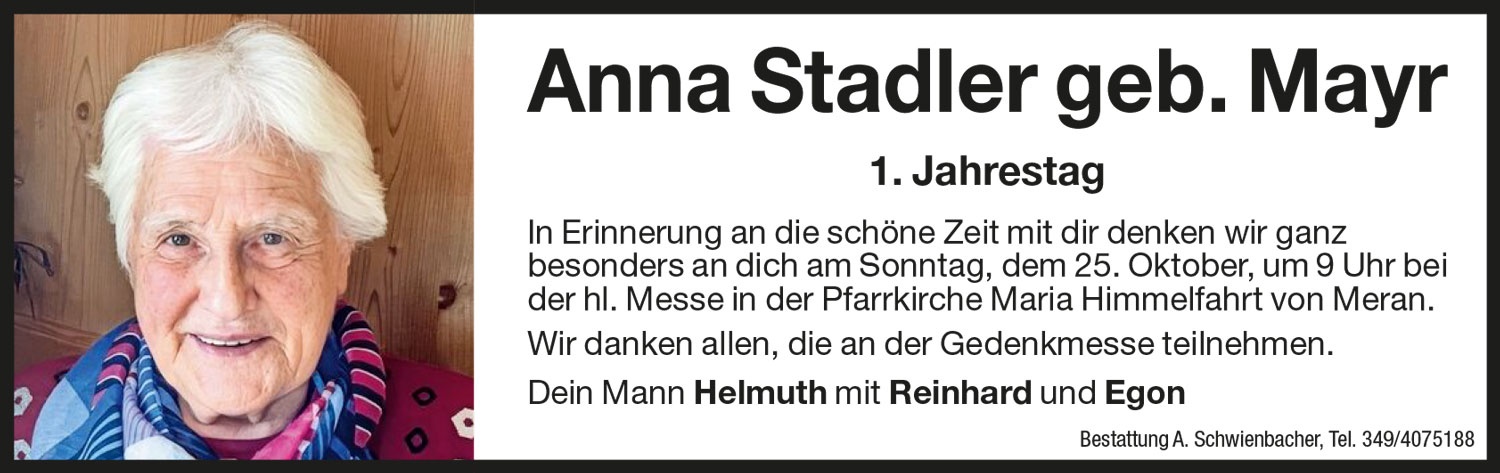 Jahrtag: Anna Stadler geb. Mayr