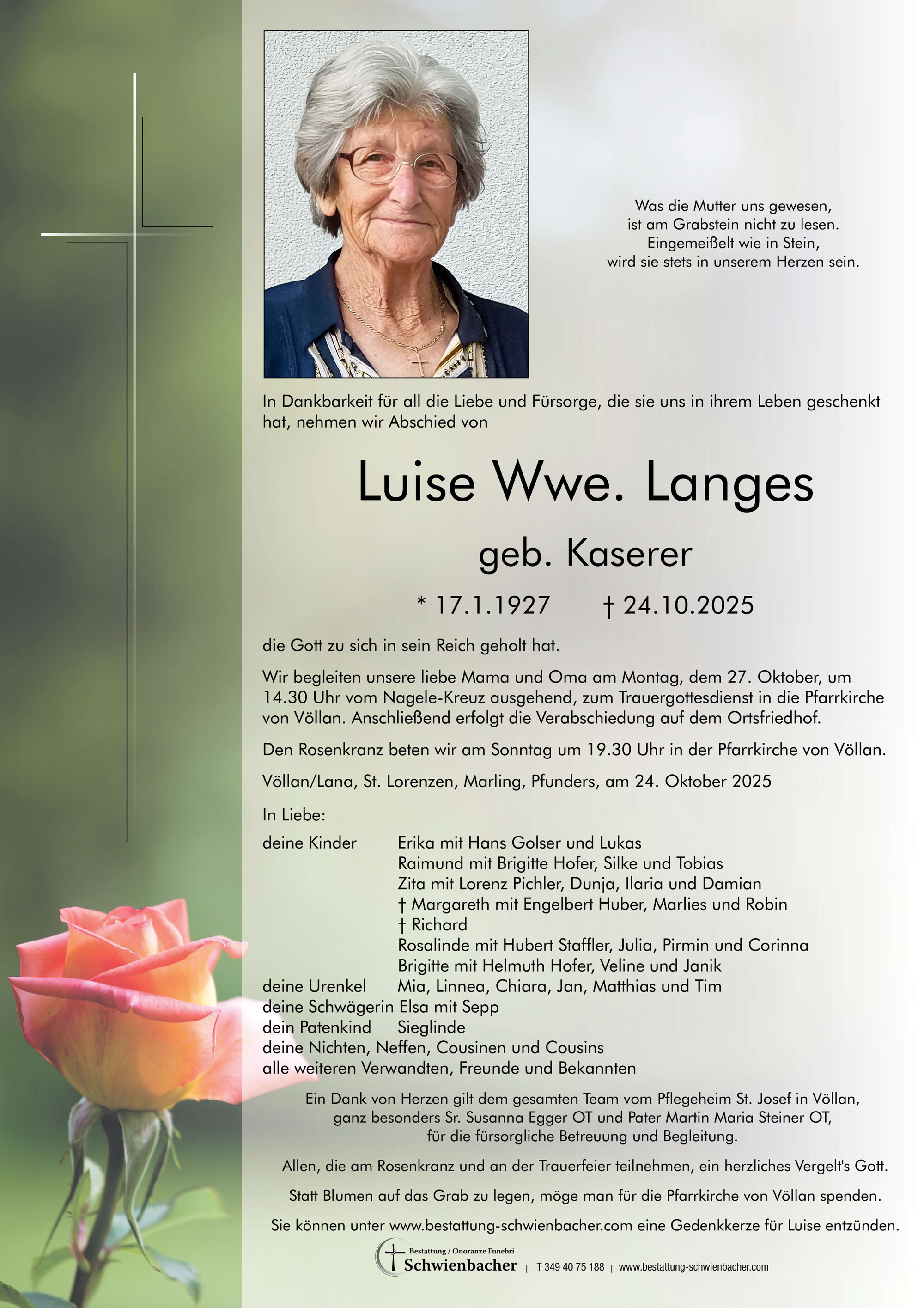 Parte: Luise Wwe. Langes geb. Kaserer 