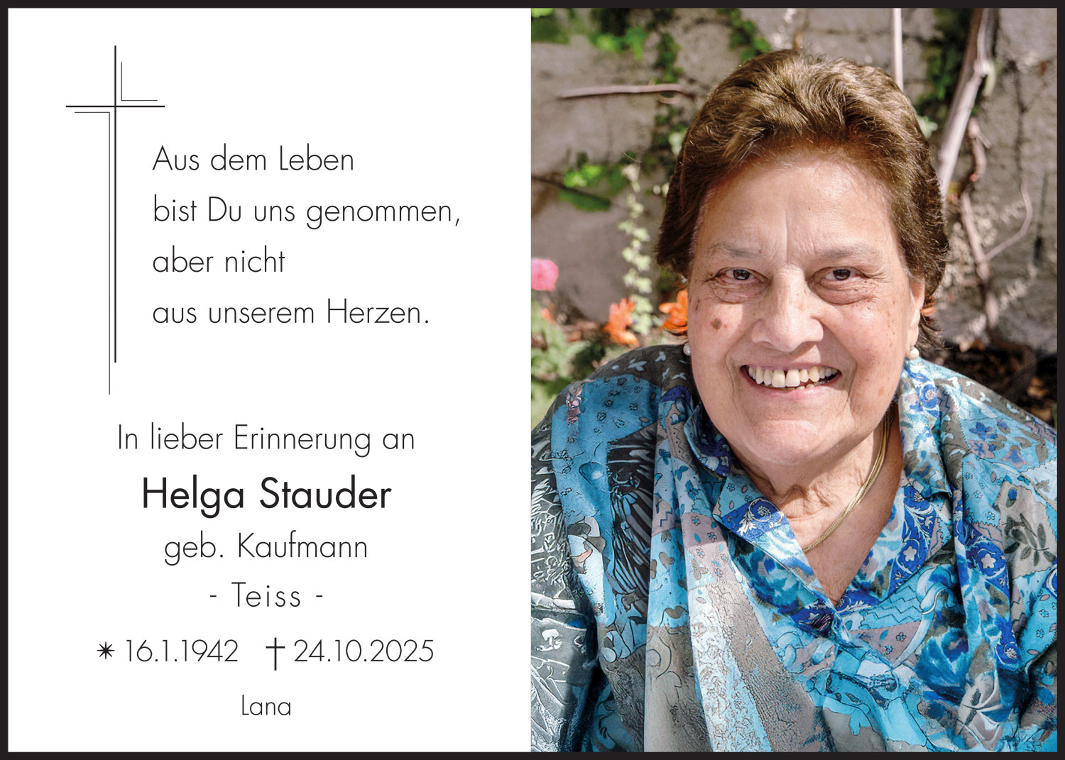 Sterbebild: Helga Stauder geb. Kaufmann
