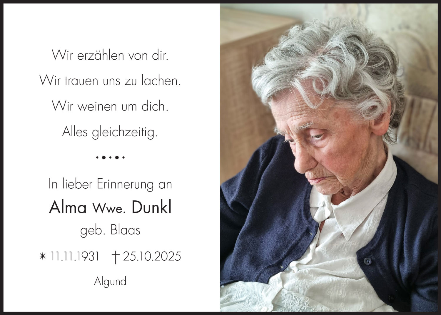Sterbebild: Alma Wwe. Dunkl geb. Blaas
