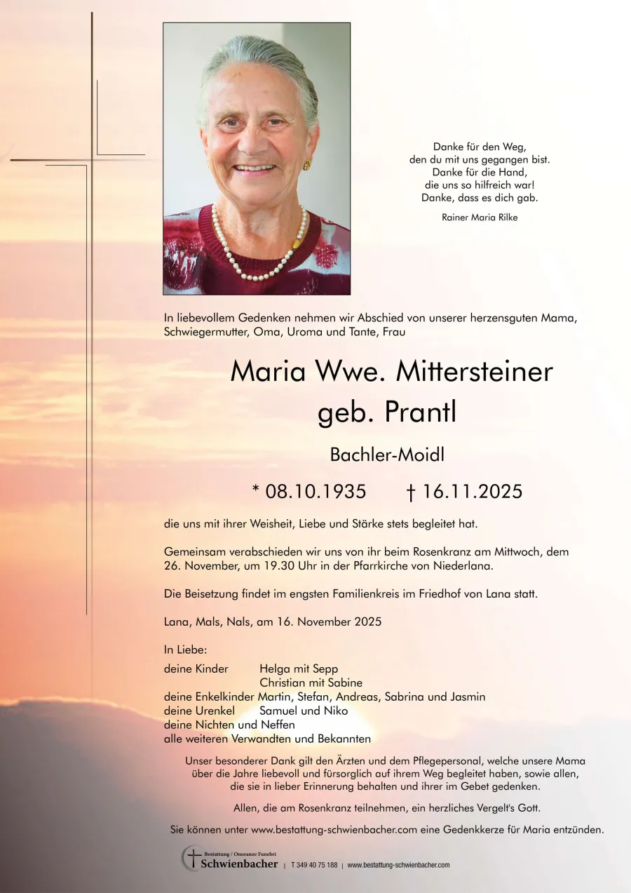 Parte: Maria Wwe. Mittersteiner geb. Prantl