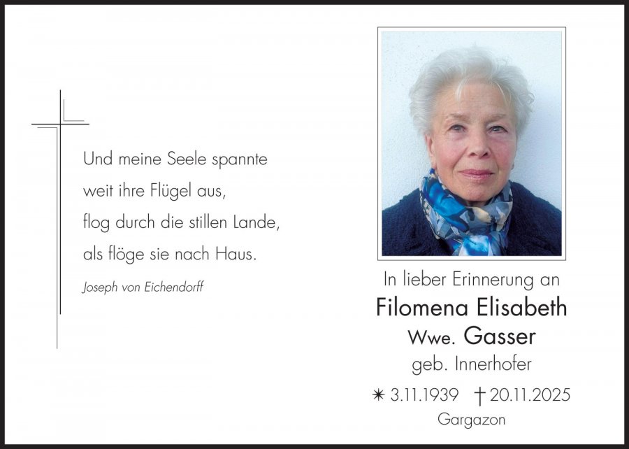 Sterbebild: Filomena Elisabeth Wwe. Gasser geb. Innerhofer