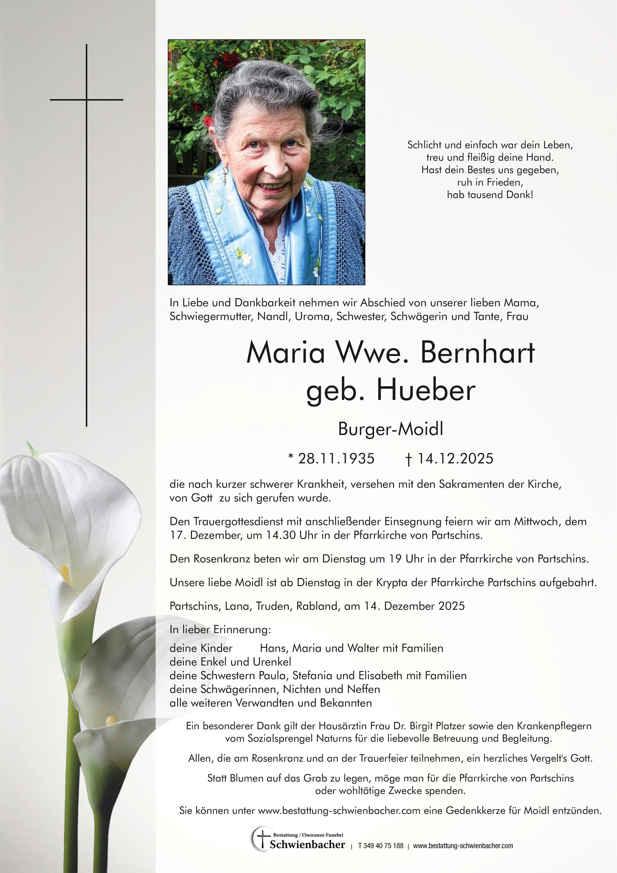 Parte: Maria Wwe. Bernhart geb. Hueber 