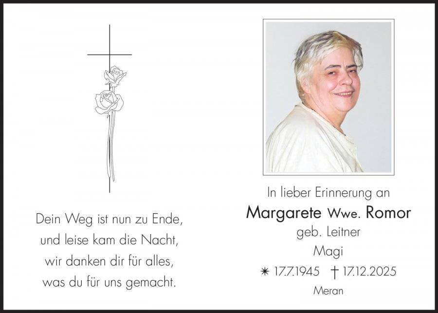 Sterbebild: Margarete Wwe. Romor geb. Leitner