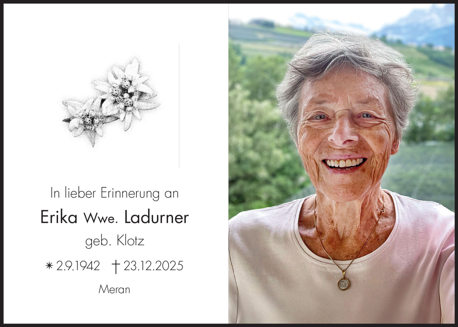 Sterbebild: Erika Wwe. Ladurner  geb. Klotz