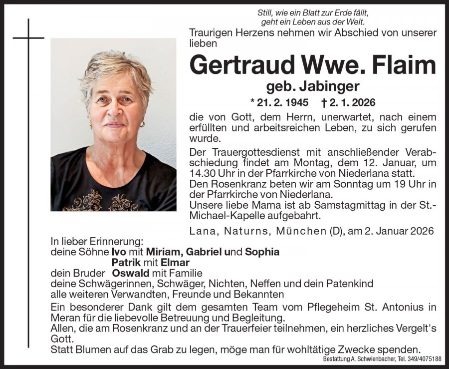 Medien: Gertraud Wwe. Flaim geb. Jabinger