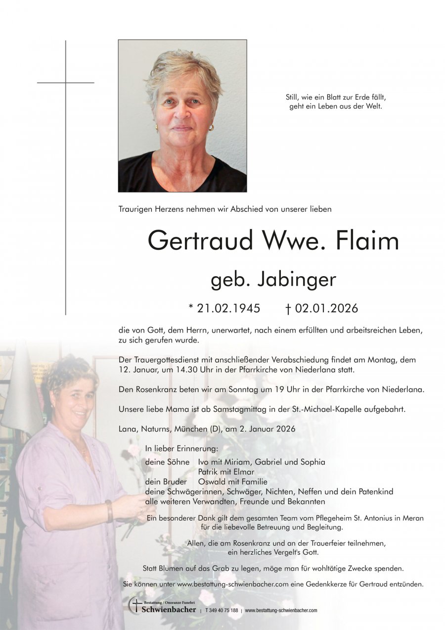 Parte: Gertraud Wwe. Flaim geb. Jabinger