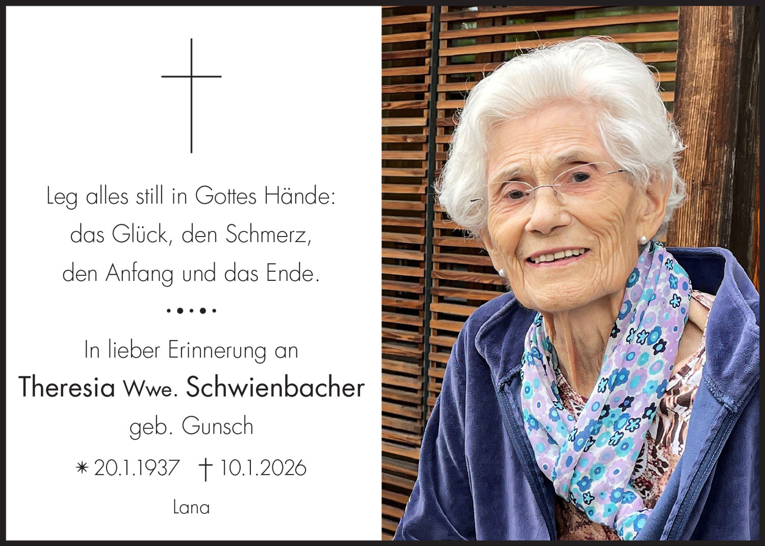 Sterbebild: Theresia Wwe. Schwienbacher geb. Gunsch