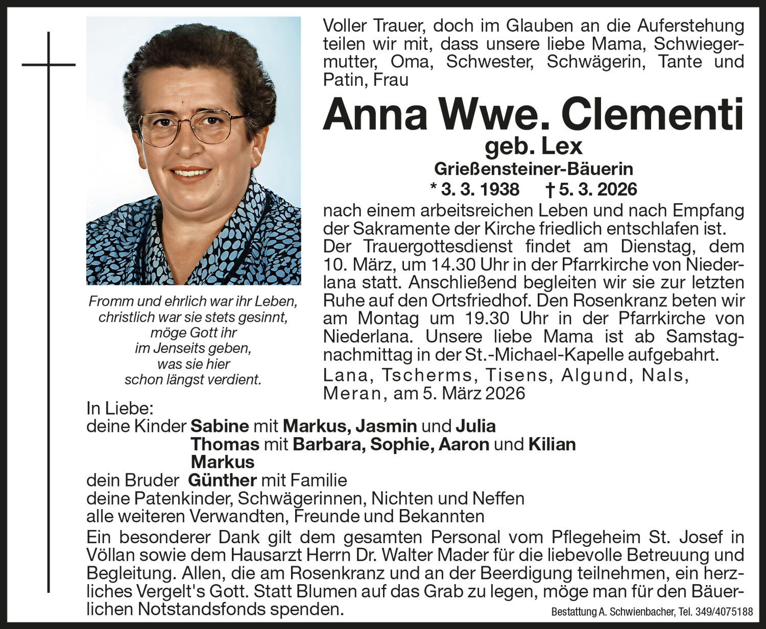 Medien: Anna Wwe. Clementi geb. Lex