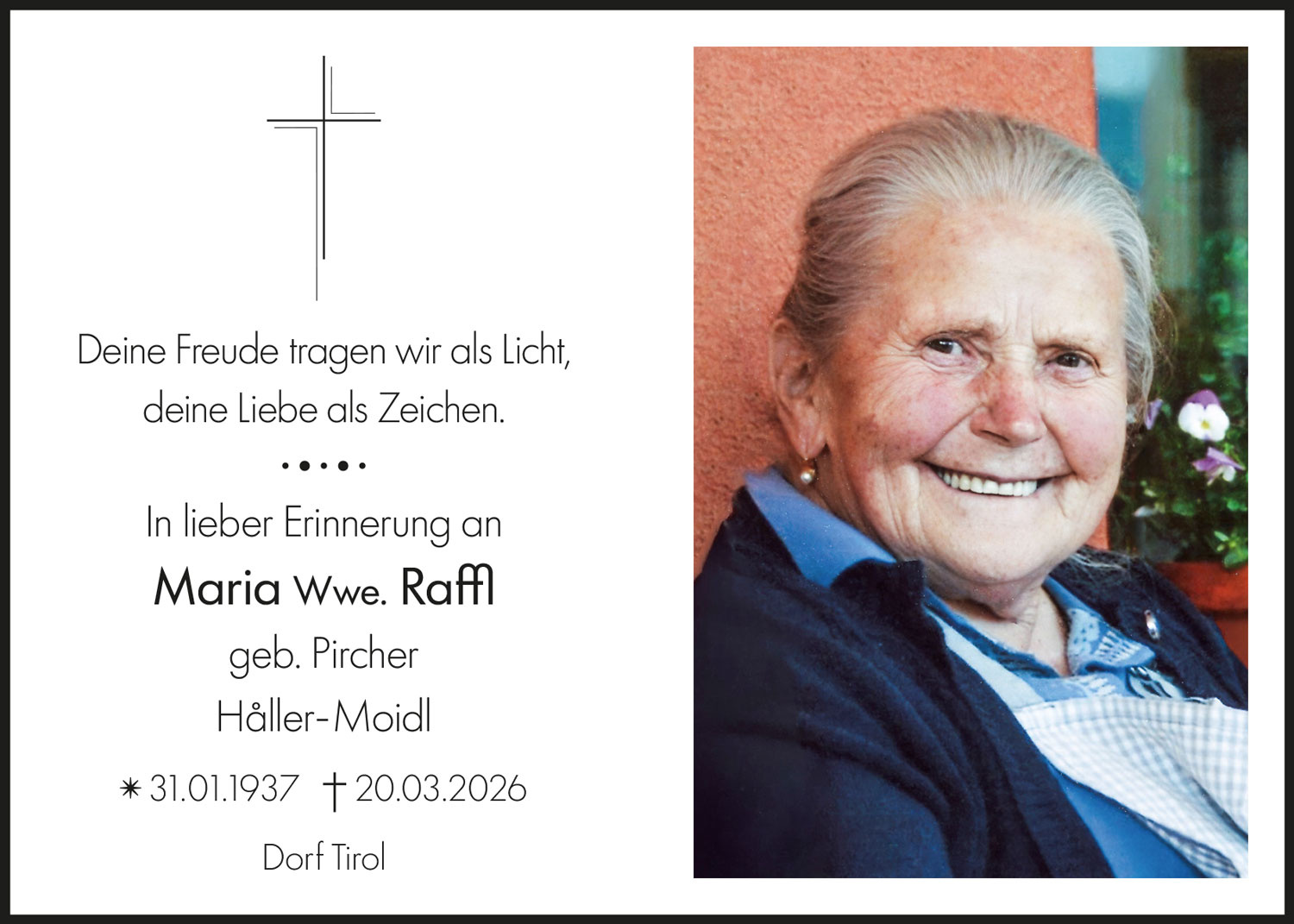 Sterbebild: Maria Wwe. Raffl geb. Pircher