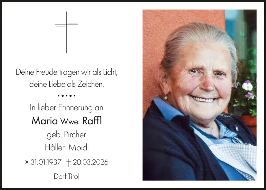 Sterbebild: Maria Wwe. Raffl geb. Pircher
