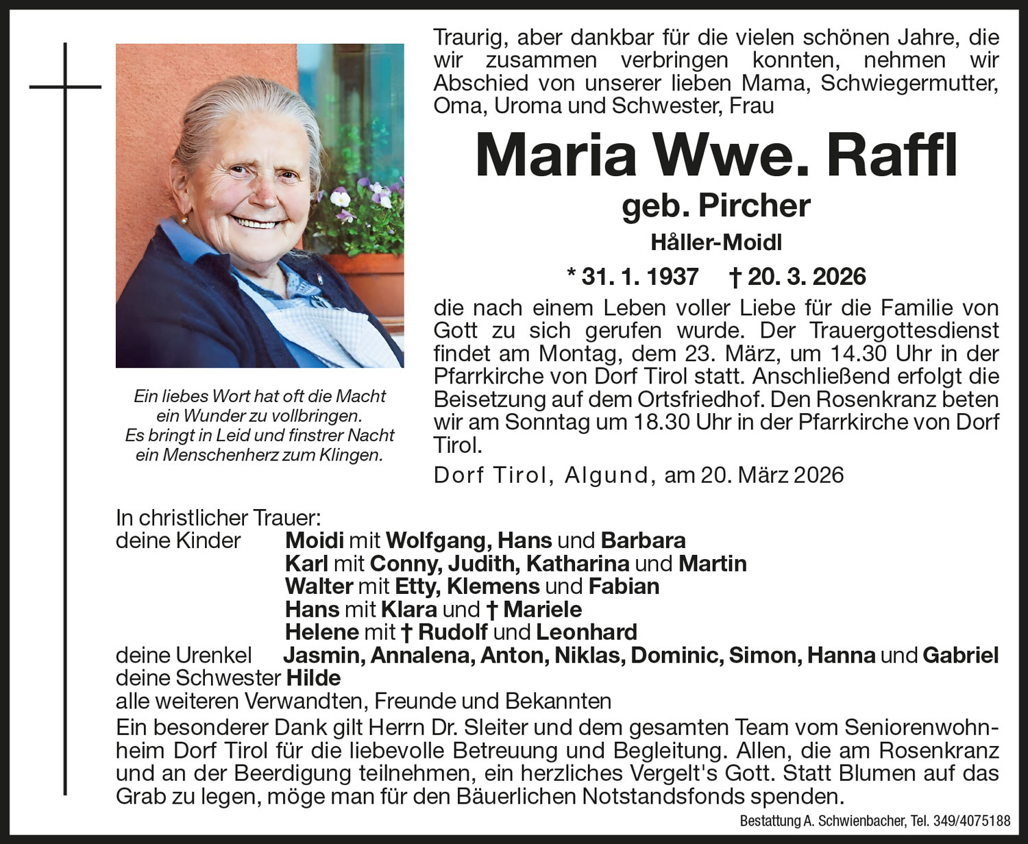 Medien: Maria Wwe. Raffl geb. Pircher