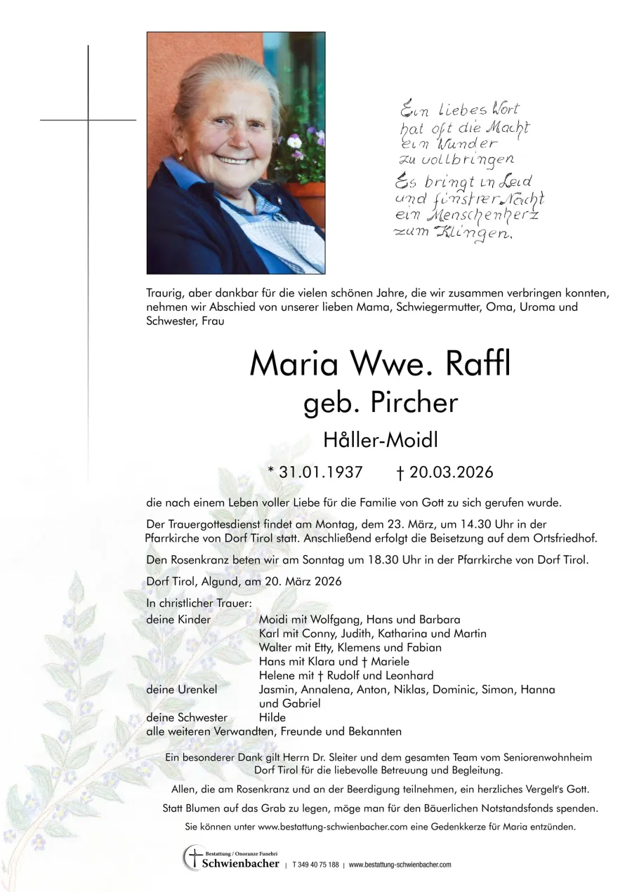 Parte: Maria Wwe. Raffl geb. Pircher