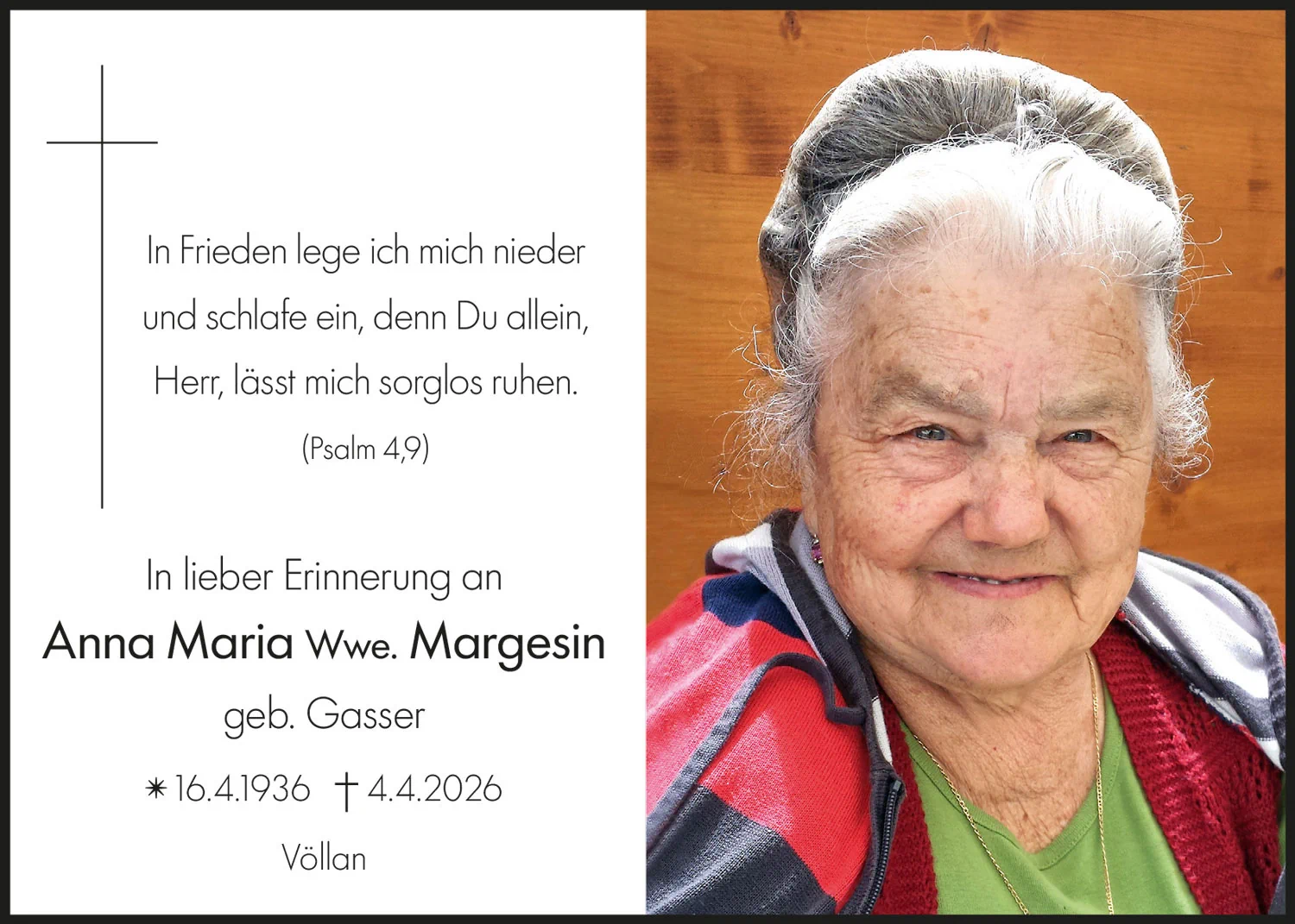 Sterbebild: Anna Maria Wwe. Margesin geb. Gasser