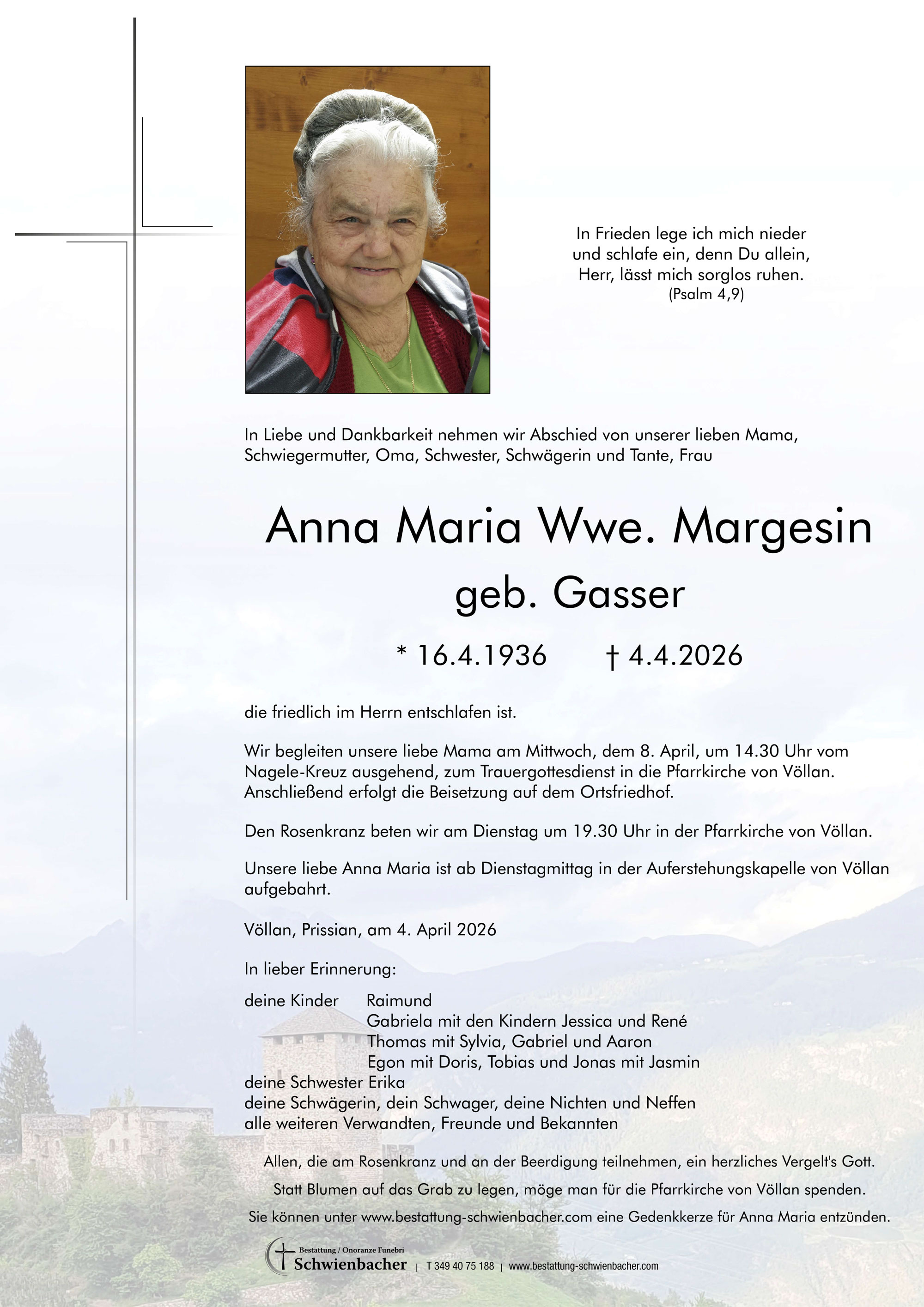 Parte: Anna Maria Wwe. Margesin geb. Gasser 