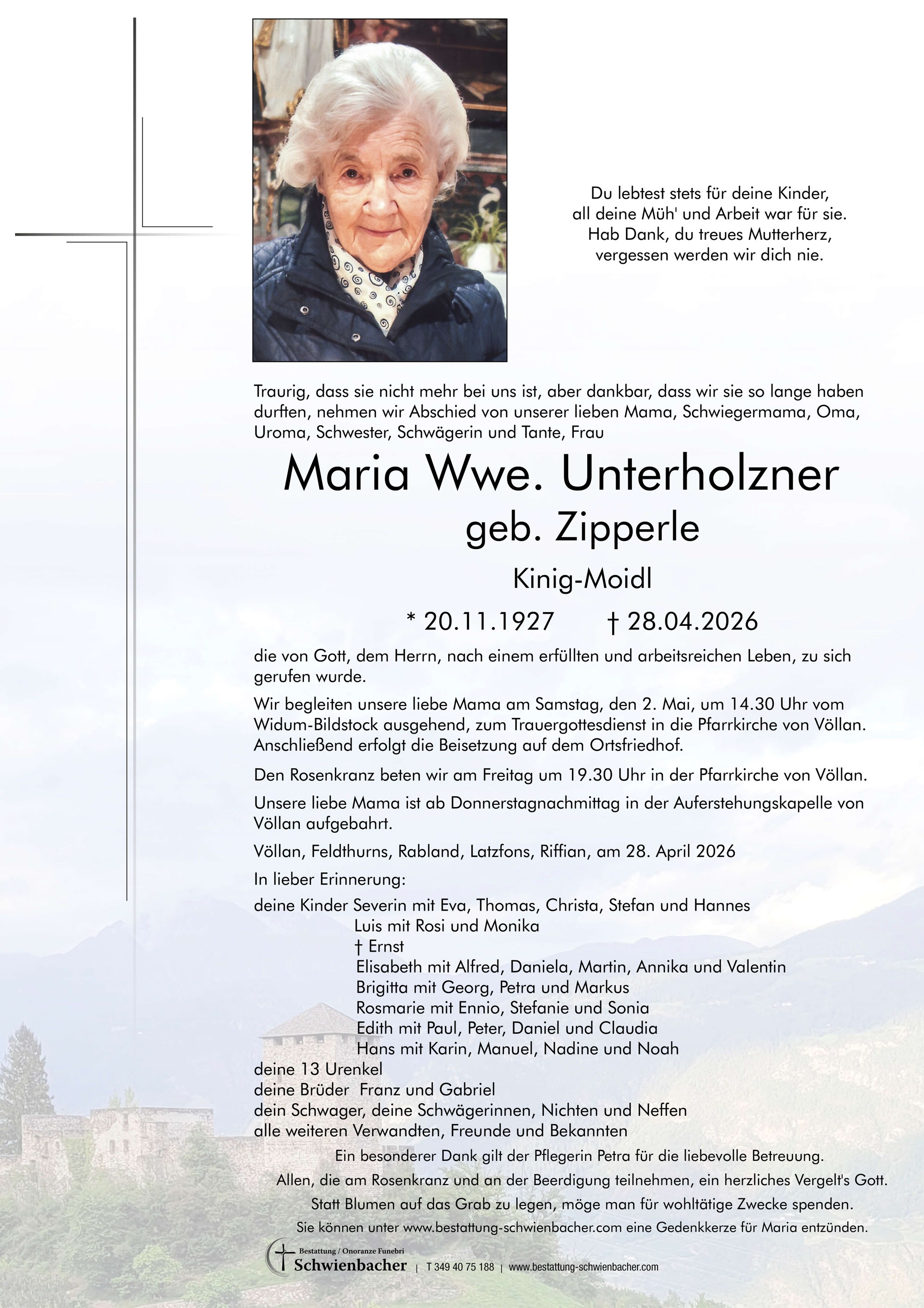 Parte: Maria Wwe. Unterholzner geb. Zipperle