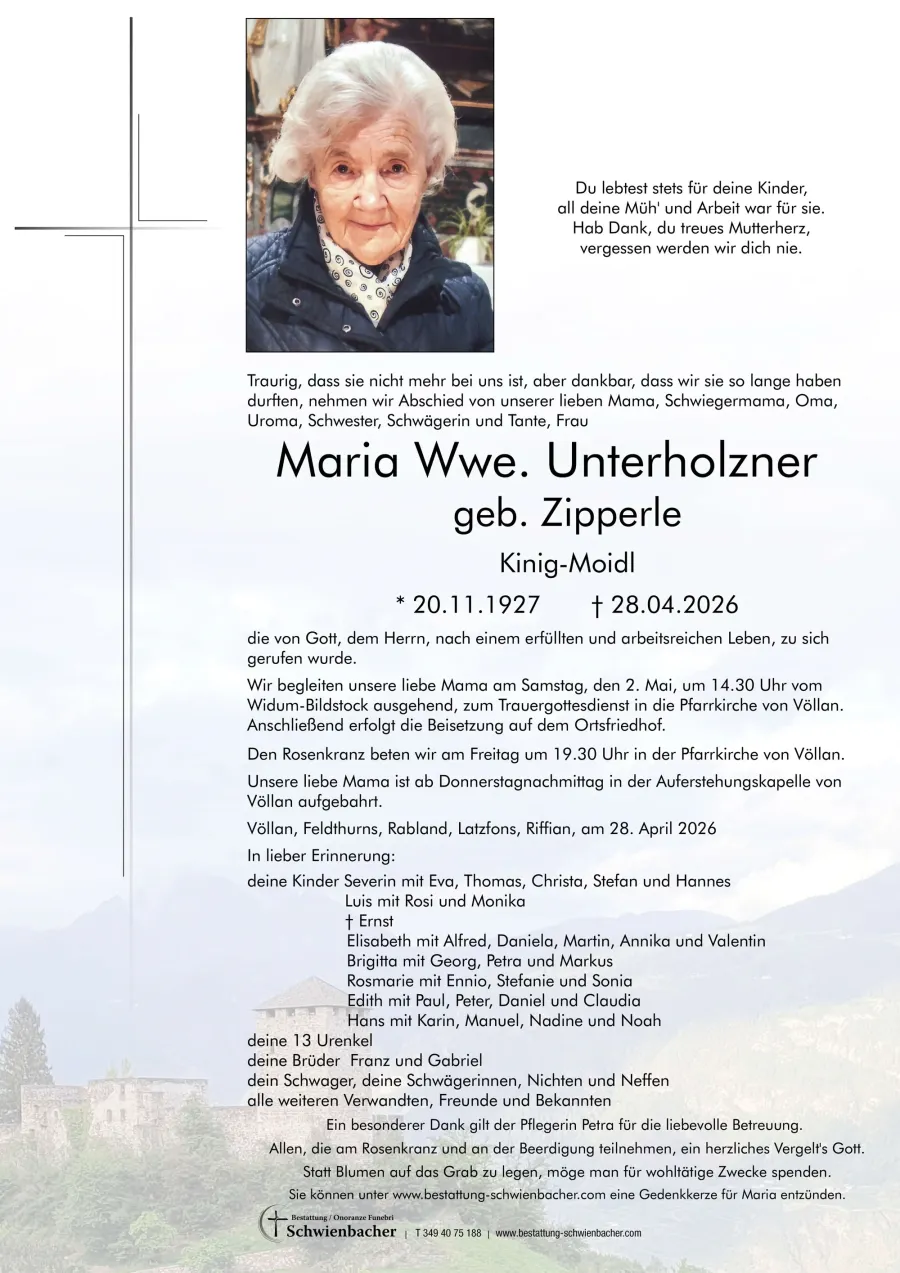 Parte: Maria Wwe. Unterholzner geb. Zipperle