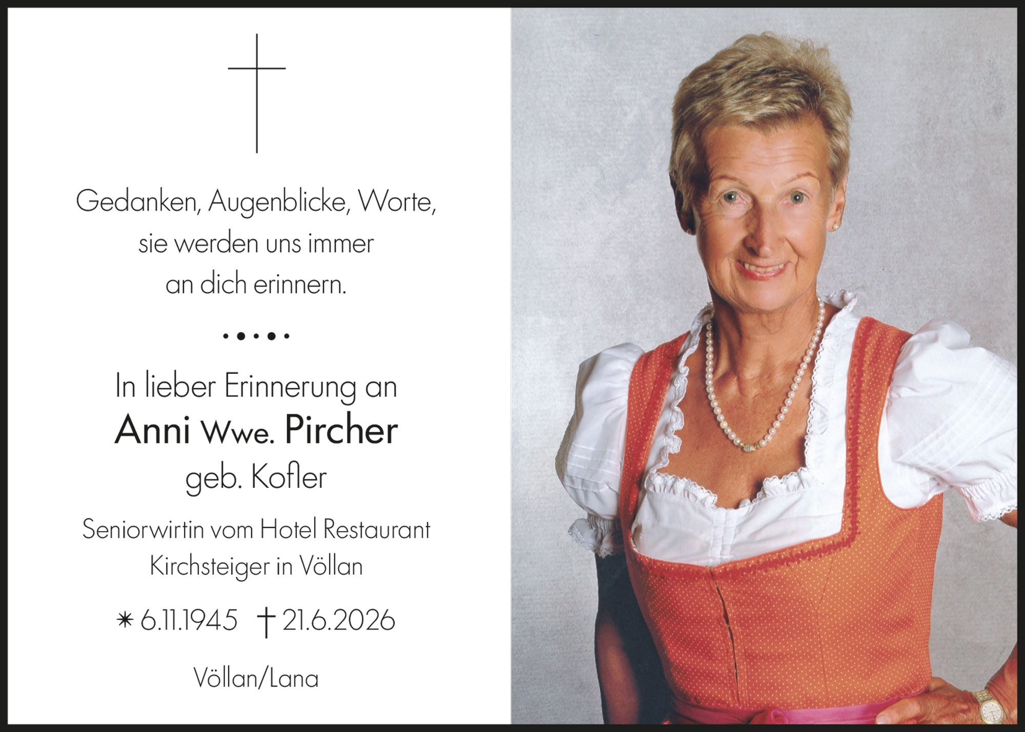 Sterbebild: Anni Wwe. Pircher geb. Kofler