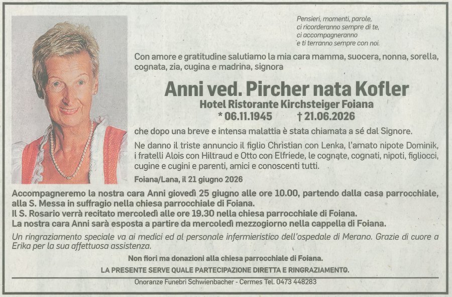 Medien: Anni Wwe. Pircher geb. Kofler