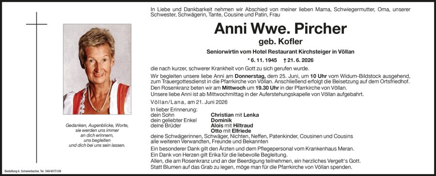 Medien: Anni Wwe. Pircher geb. Kofler