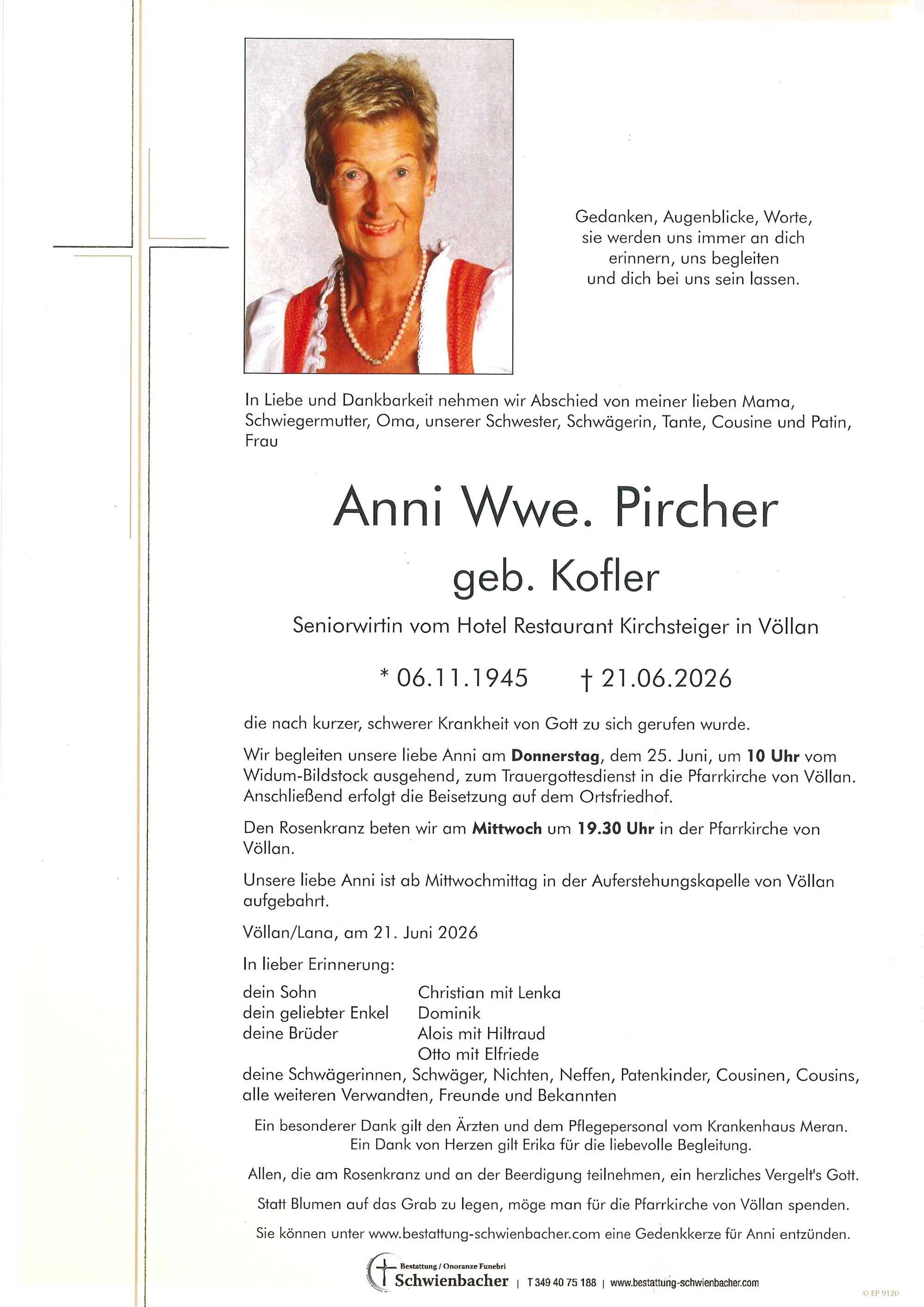 Parte: Anni Wwe. Pircher geb. Kofler 
