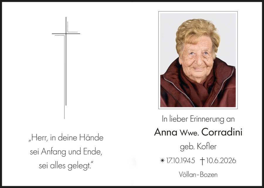 Sterbebild: Anna Wwe. Corradini geb. Kofler