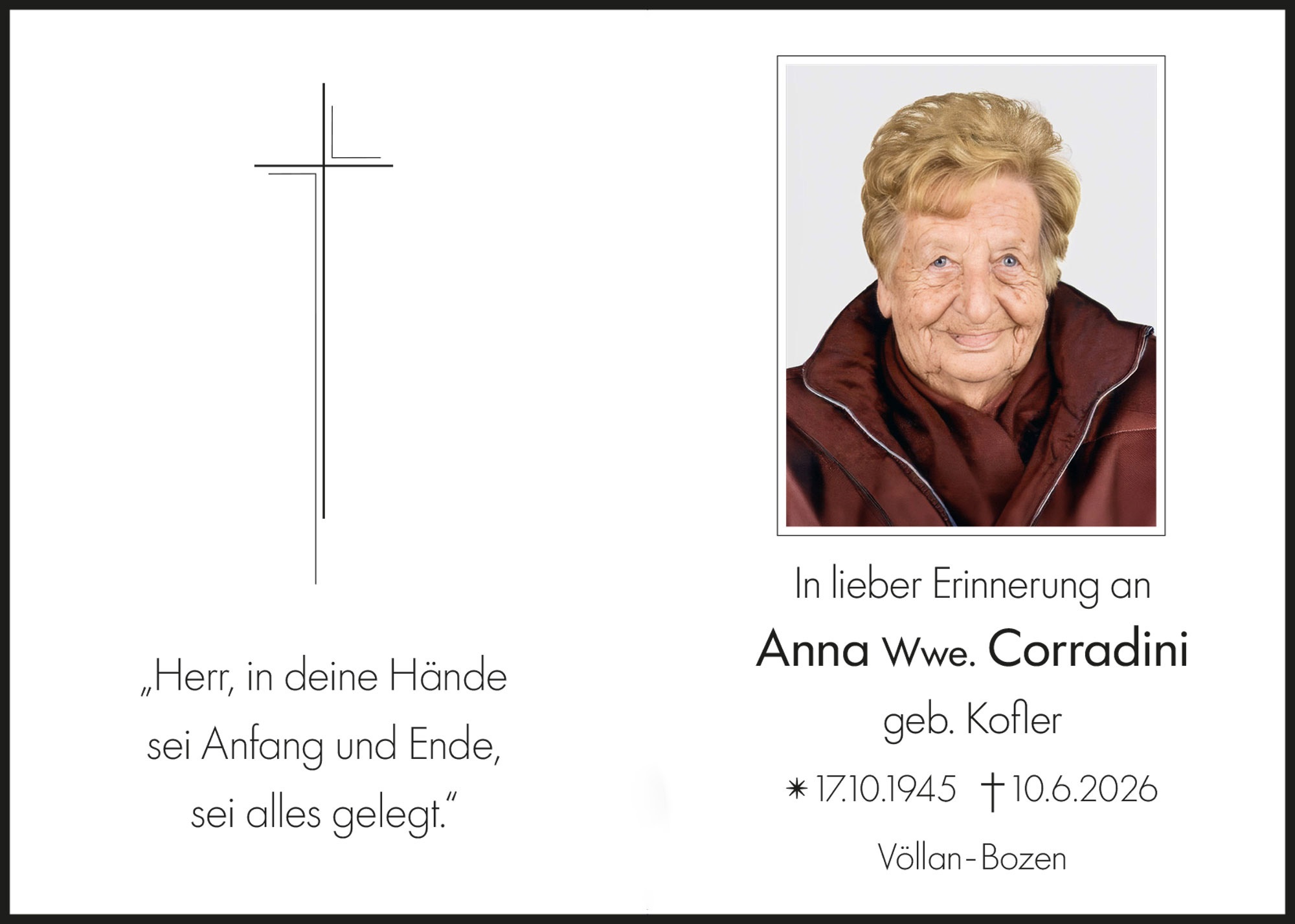 Sterbebild: Anna Wwe. Corradini geb. Kofler