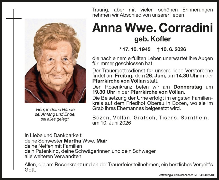 Medien: Anna Wwe. Corradini geb. Kofler