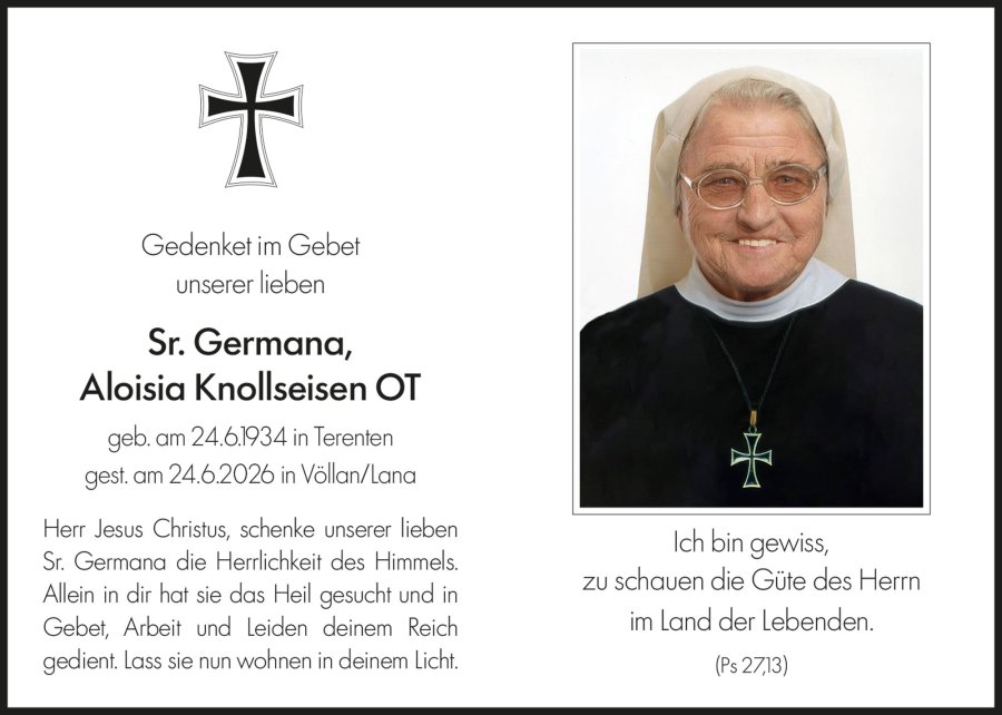 Sterbebild: Sr. Germana OT Aloisia Knollseisen