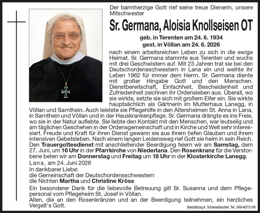 Medien: Sr. Germana OT Aloisia Knollseisen