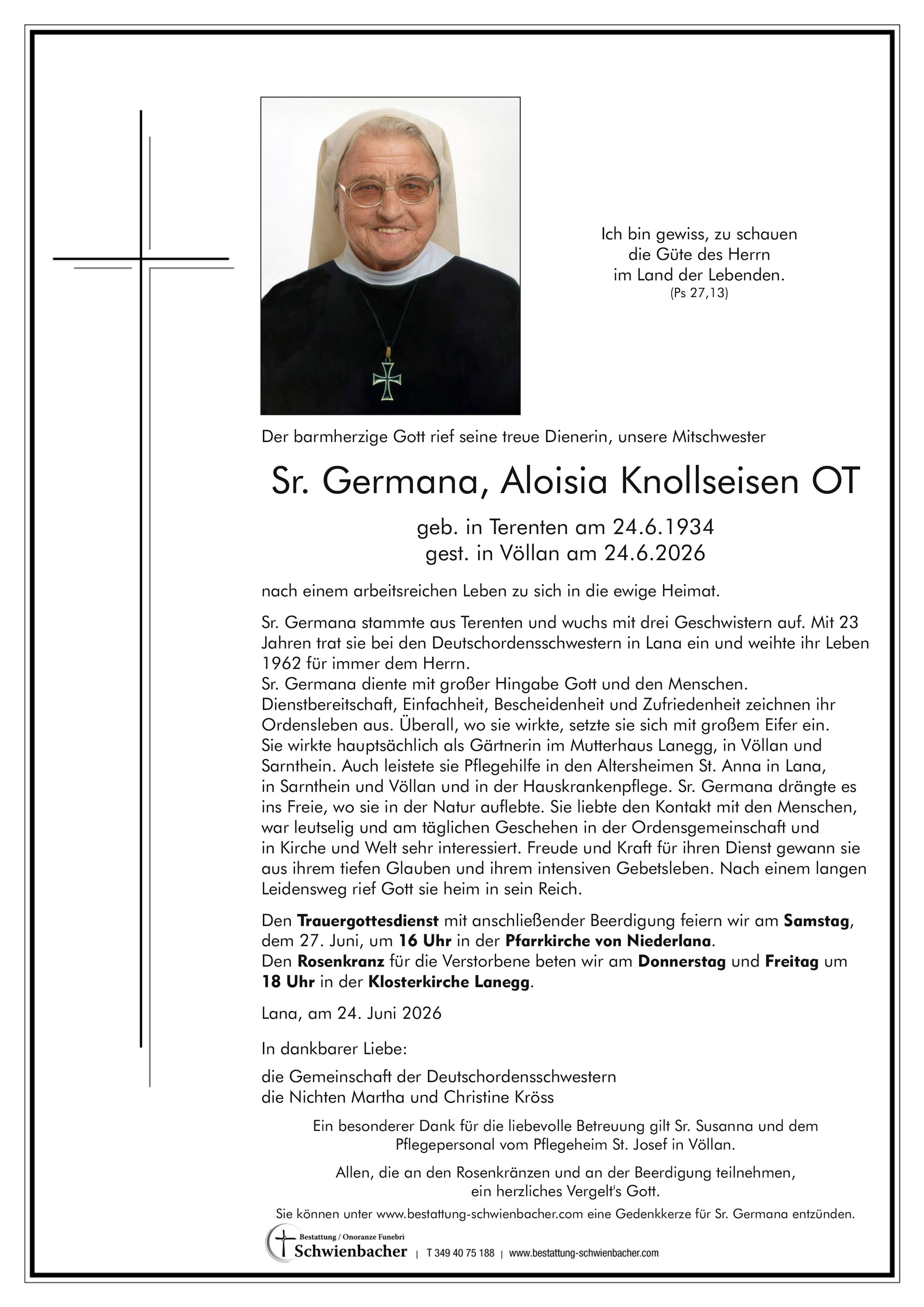 Parte: Sr. Germana OT Aloisia Knollseisen 