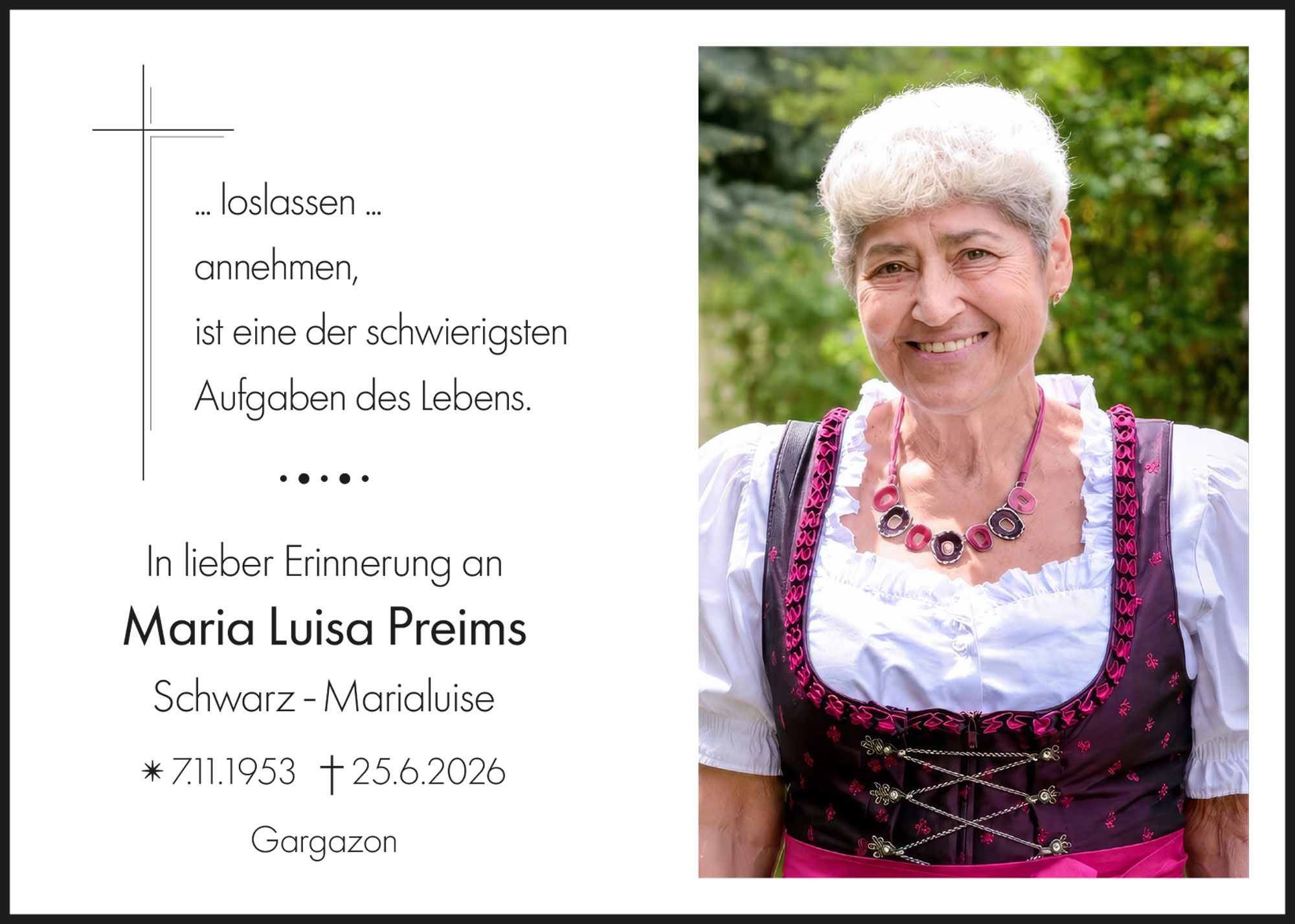 Sterbebild: Maria Luisa Preims