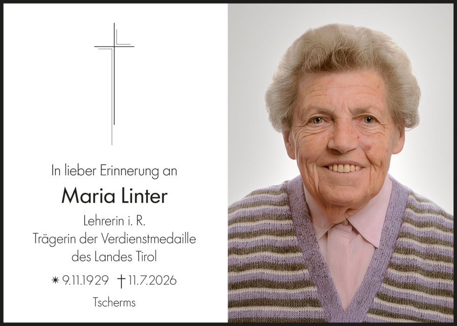 Sterbebild: Maria Linter Lehrerin i. R.