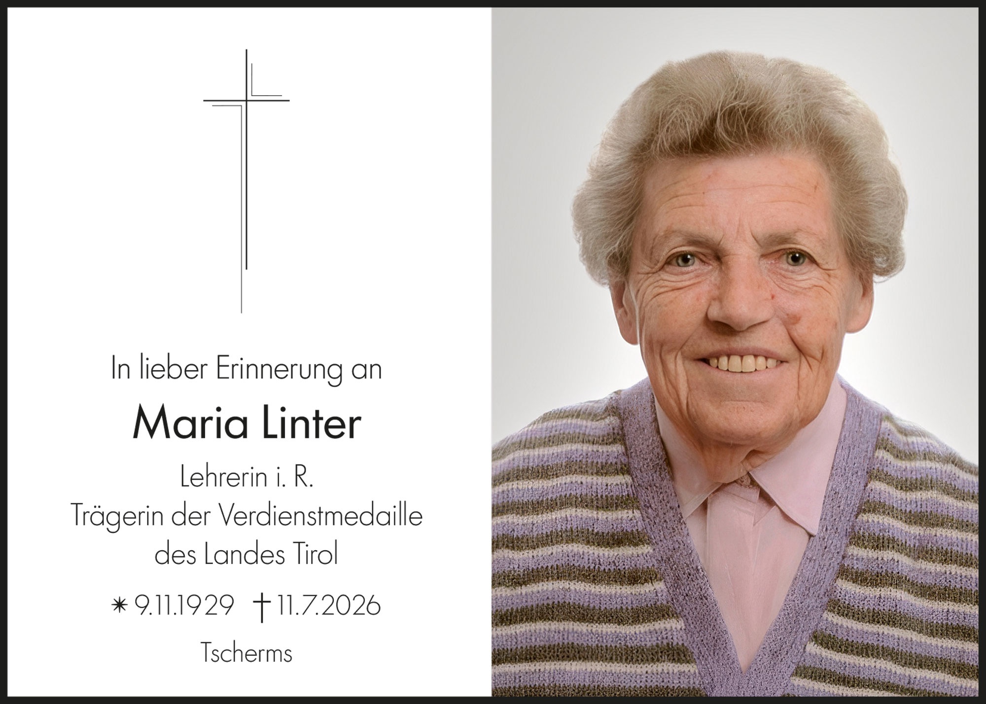 Sterbebild: Maria Linter Lehrerin i. R. 