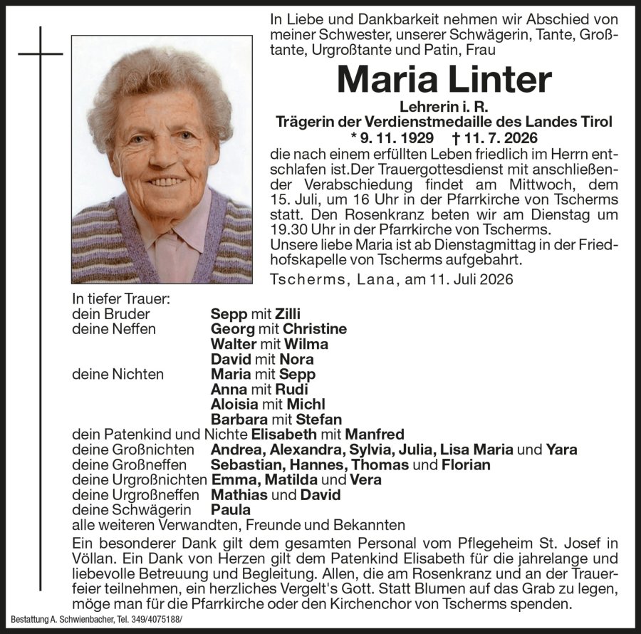 Medien: Maria Linter Lehrerin i. R.